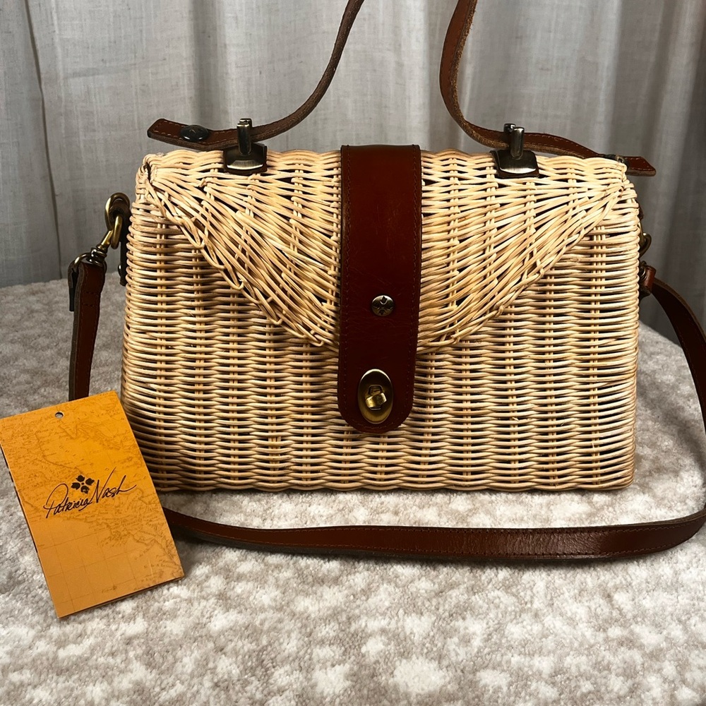 Patricia Nash Woven Wicker Leather Crossbody Bag in Natural and Brown NWT